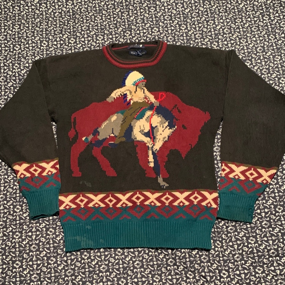 Men's Olive Green Southwestern Bull Rider Knit Sweater